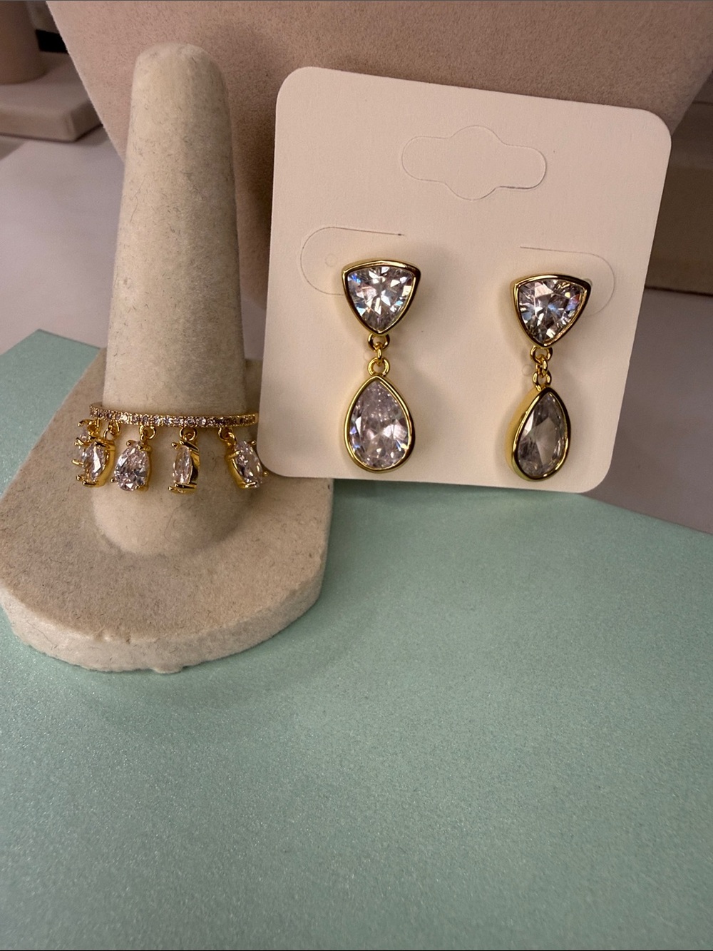 Gold CZ Drop Earrings and Ring Set